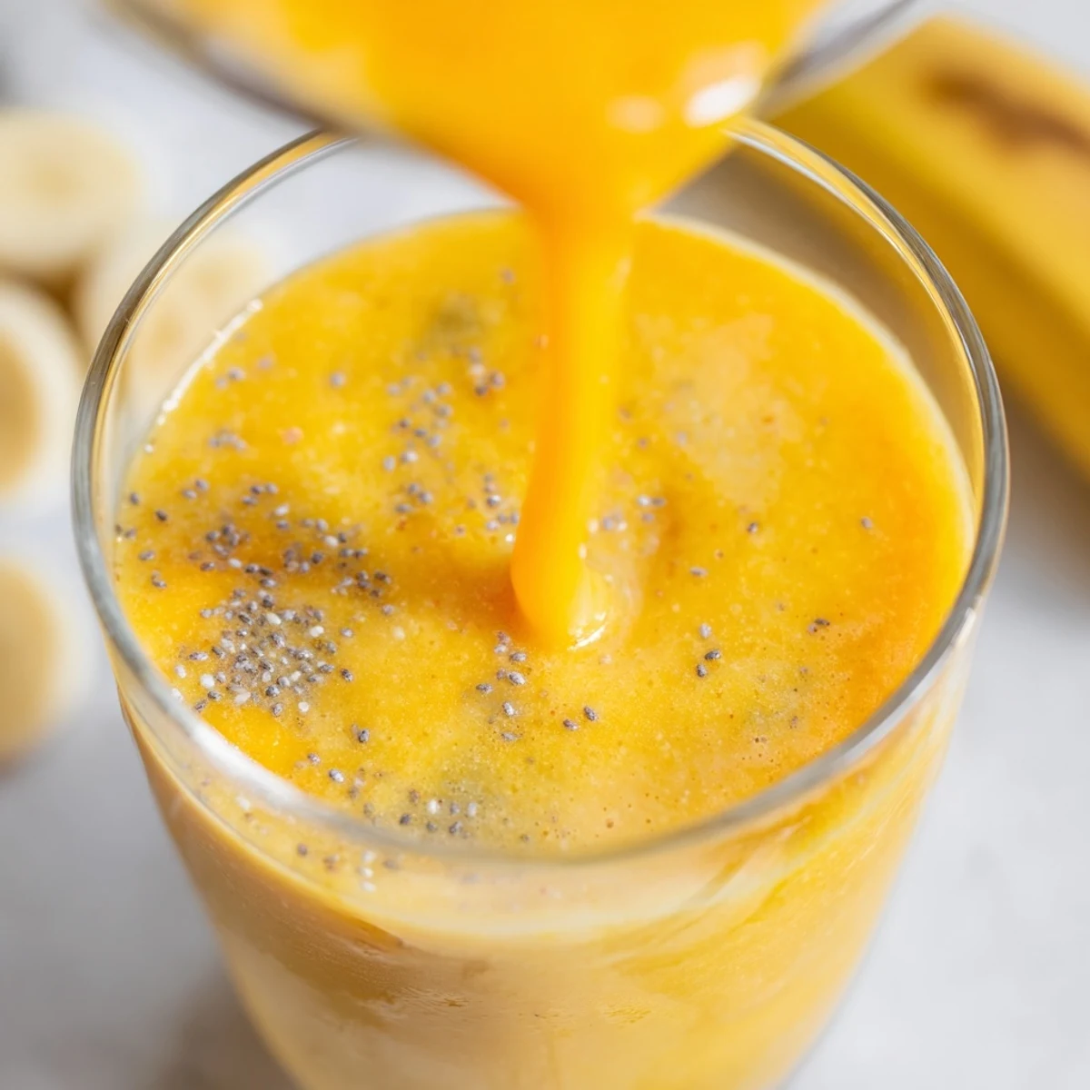 Tropical Sunrise Protein Smoothie Recipe poured into two glasses with fresh fruit garnish on wooden table
