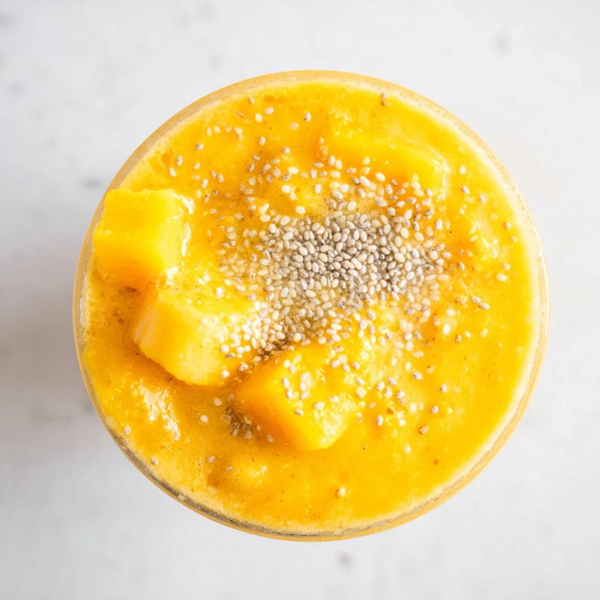 Glass of thick Tropical Sunrise Protein Smoothie Recipe topped with chia seeds and banana slice
