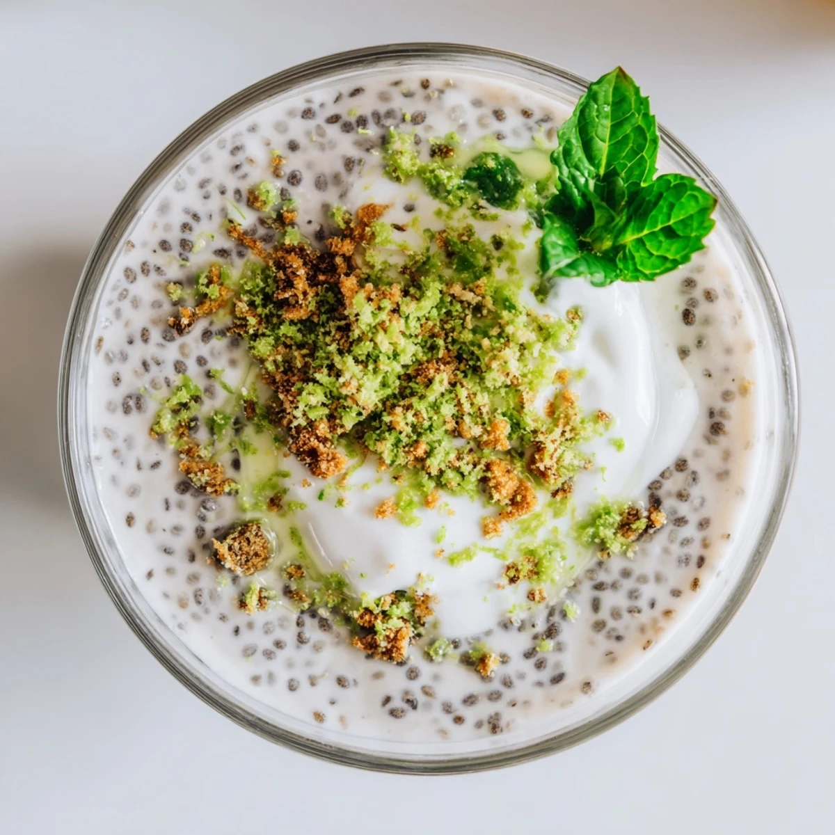 Creamy green Key lime chia pudding topped with fresh mint, coconut yogurt, and lime zest