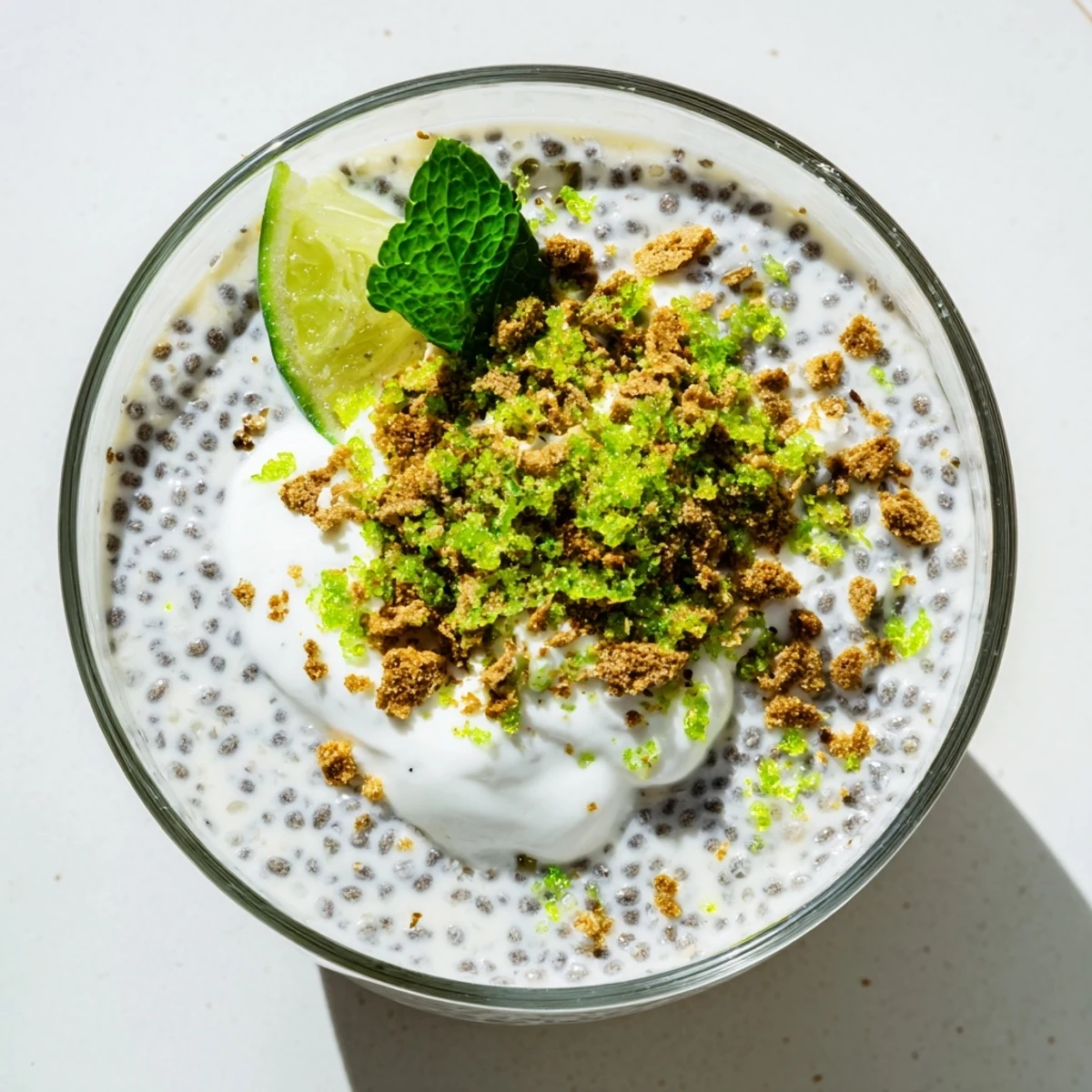 Vegan Key lime chia pudding garnished with coconut yogurt, crushed crackers, and bright green lime zest
