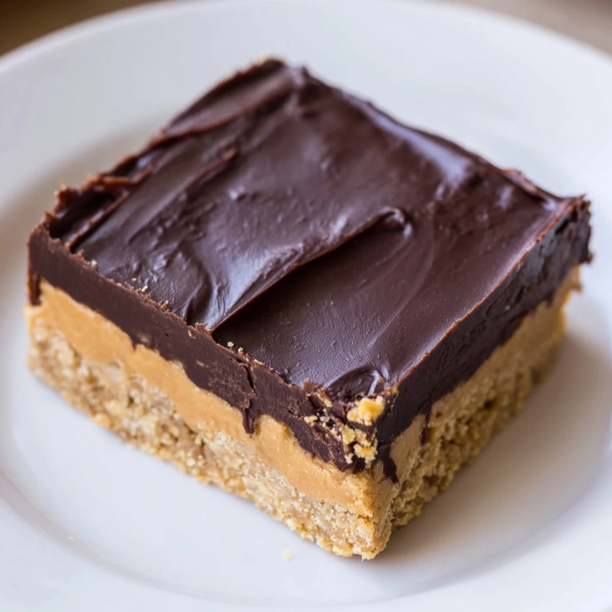 Golden peanut butter bars topped with glossy melted chocolate, cut into neat squares on a white plate