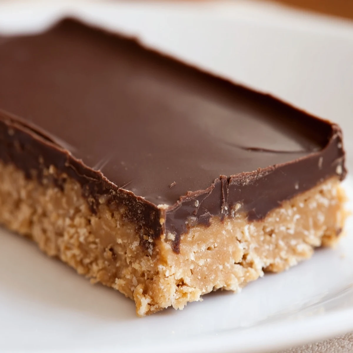 No-bake peanut butter bars featuring smooth peanut butter base beneath rich chocolate layer, ready to serve