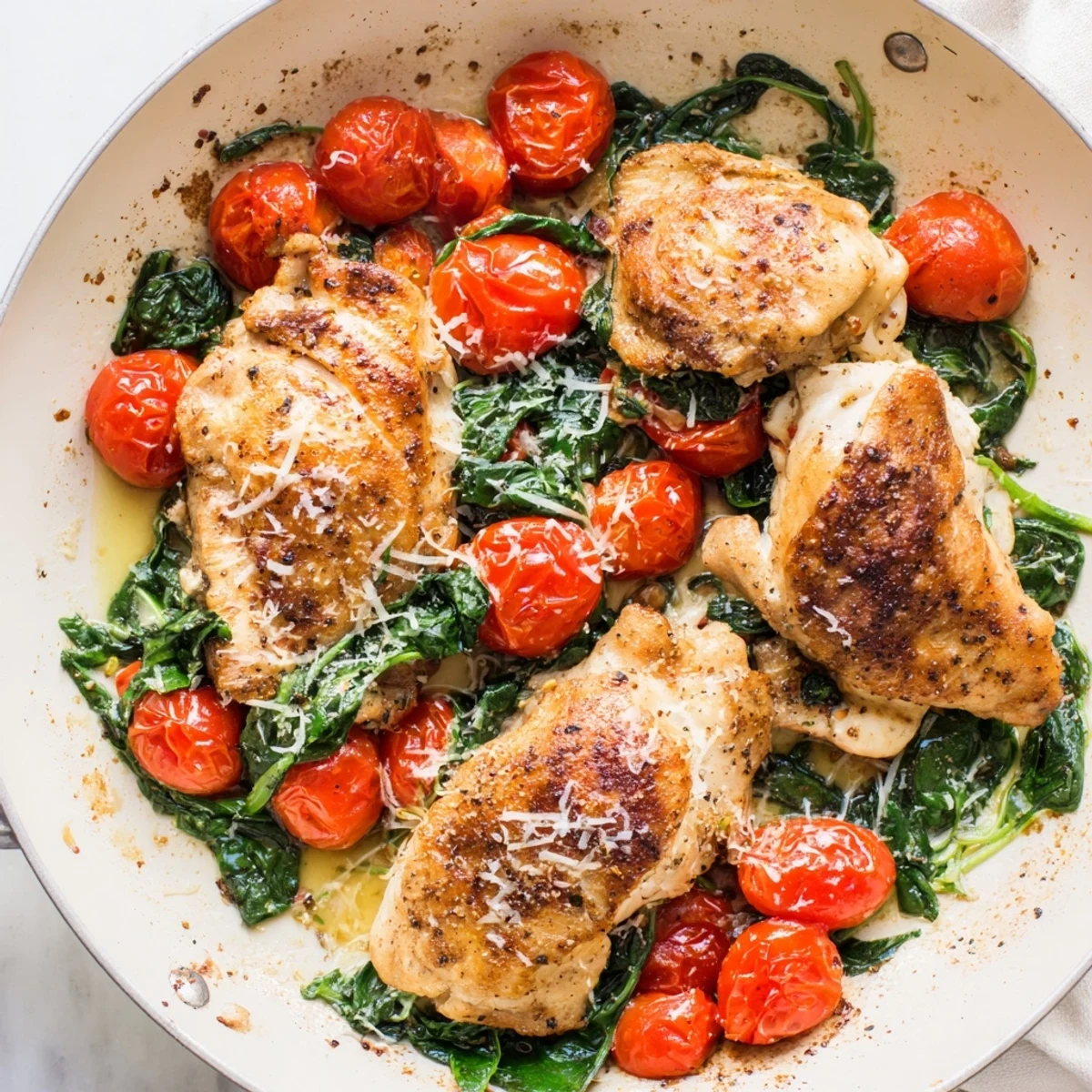 Golden brown chicken breasts nestled in a vibrant skillet with cherry tomatoes and wilted fresh spinach