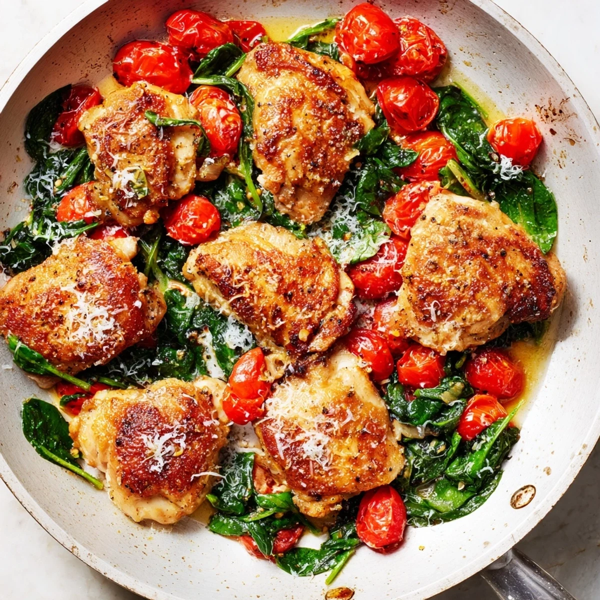 Savory tomato spinach chicken simmered in a rich skillet with melted Parmesan and tender greens