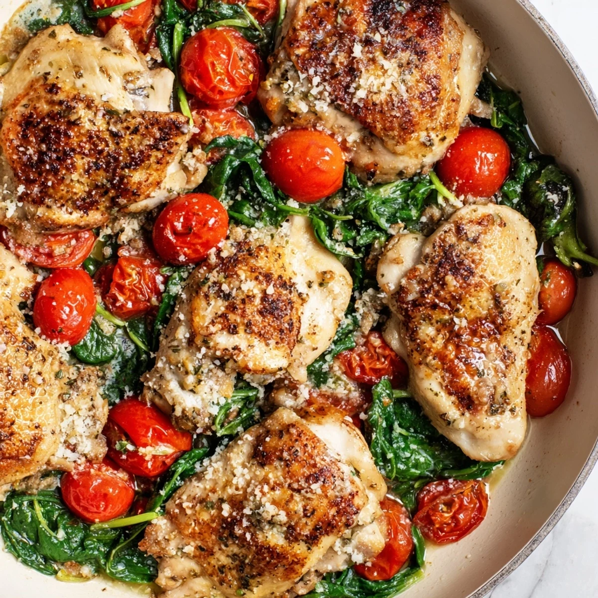 Juicy chicken paired with red tomatoes and bright spinach in a comforting weeknight dinner skillet