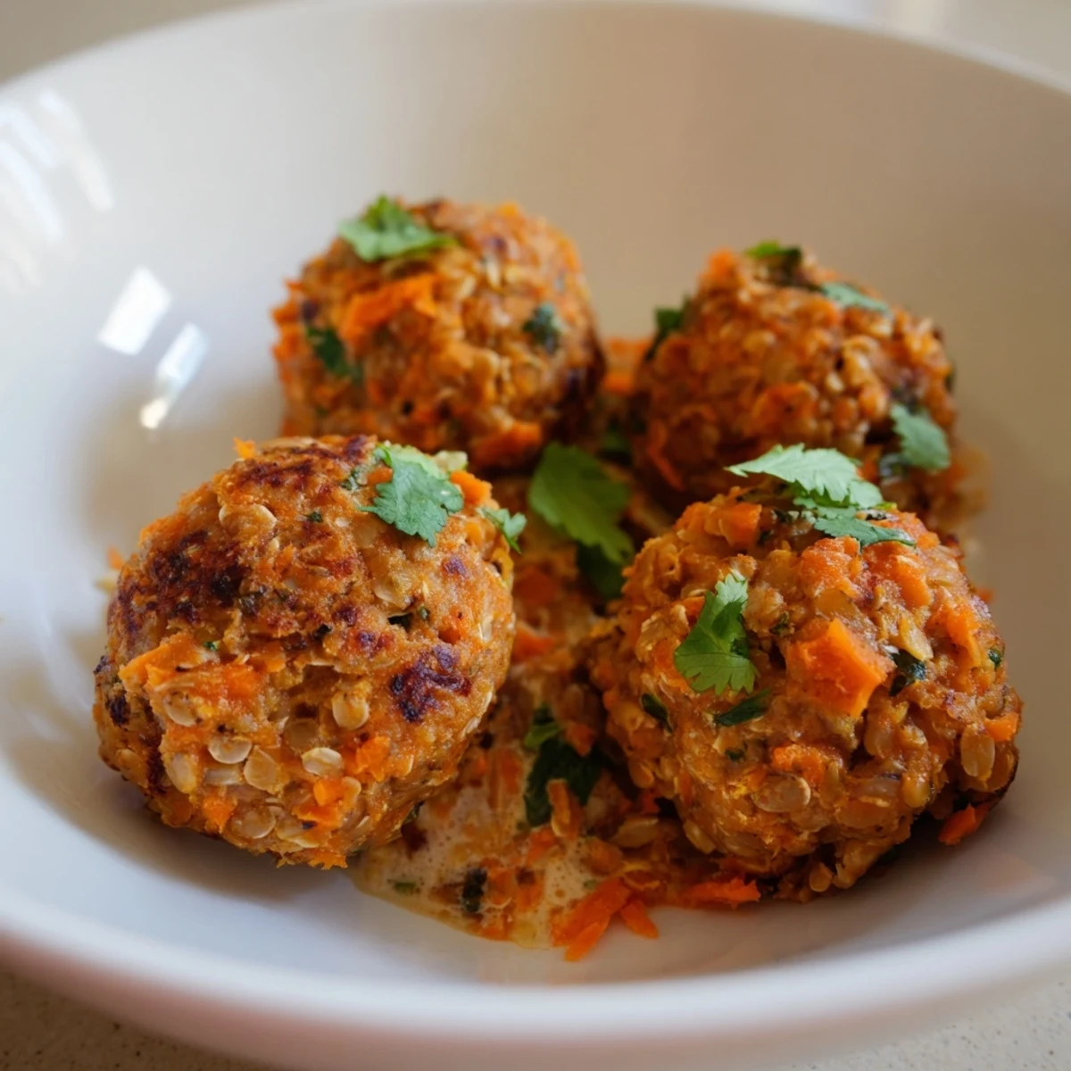 Carrot And Chickpea Balls In Coconut Curry Sauce, steaming with cilantro garnish