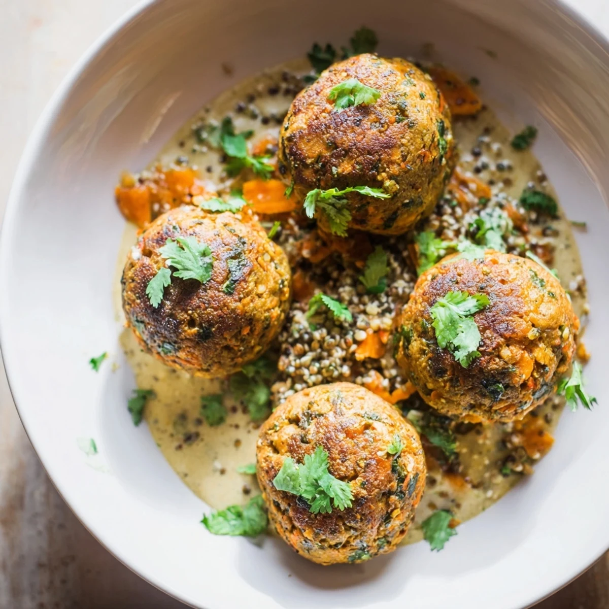Pan-seared Carrot And Chickpea Balls In Coconut Curry Sauce, fragrant coconut aroma