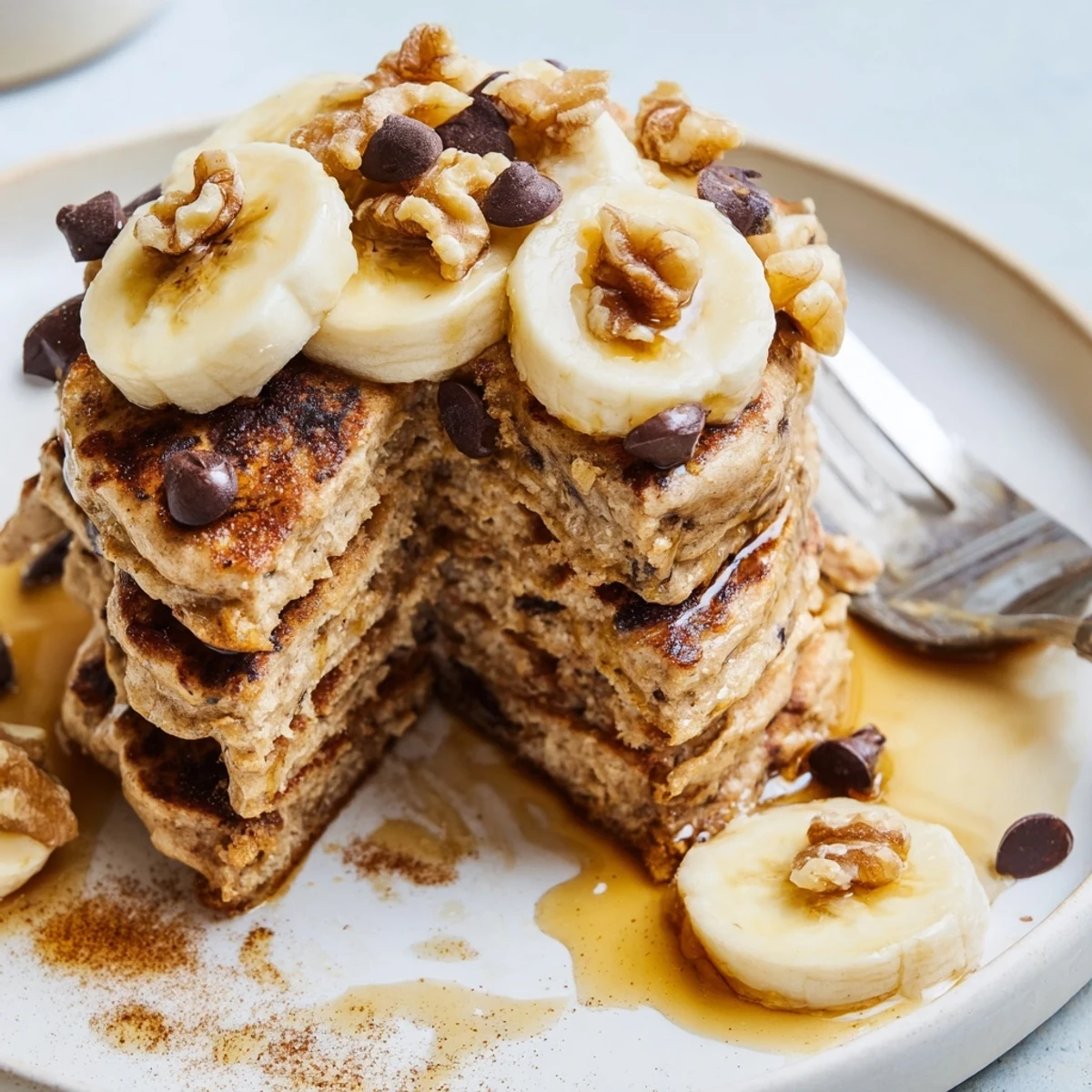 Steaming Protein Banana Pancakes on plate with golden edges, sliced banana.