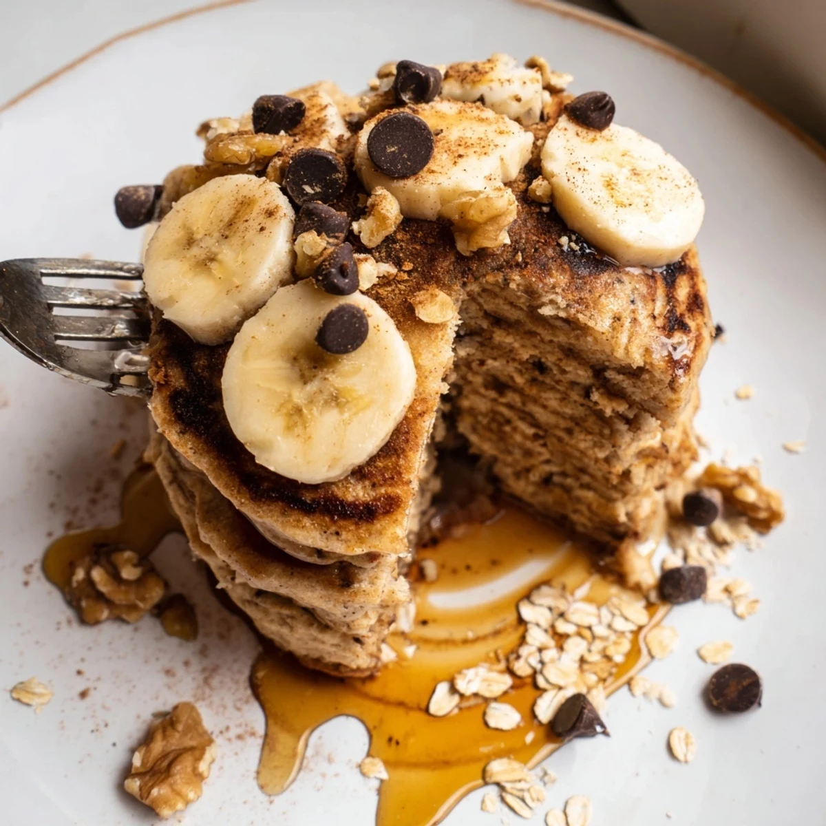 Sizzling griddle shows Protein Banana Pancakes, batter bubbling into golden rounds.