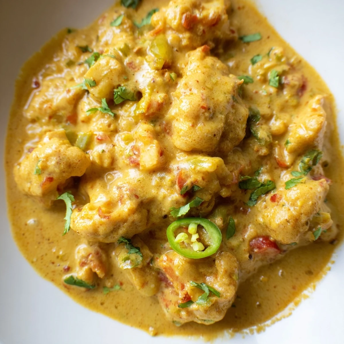 Golden cauliflower florets simmer in a creamy Greek yogurt curry with fragrant spices