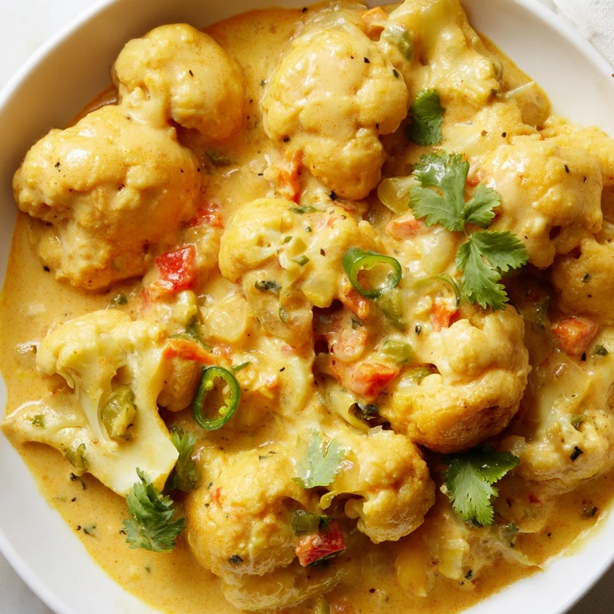 A warm bowl of Greek yogurt cauliflower curry topped with fresh cilantro leaves