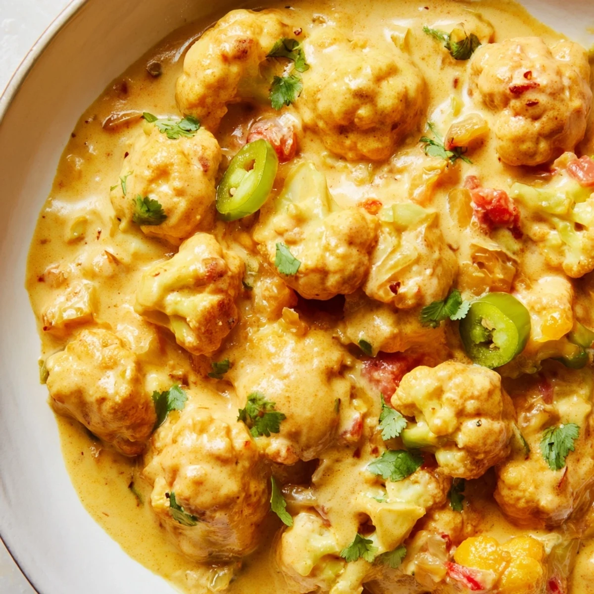 Tender cauliflower coated in a tangy spiced Greek yogurt curry served over basmati rice