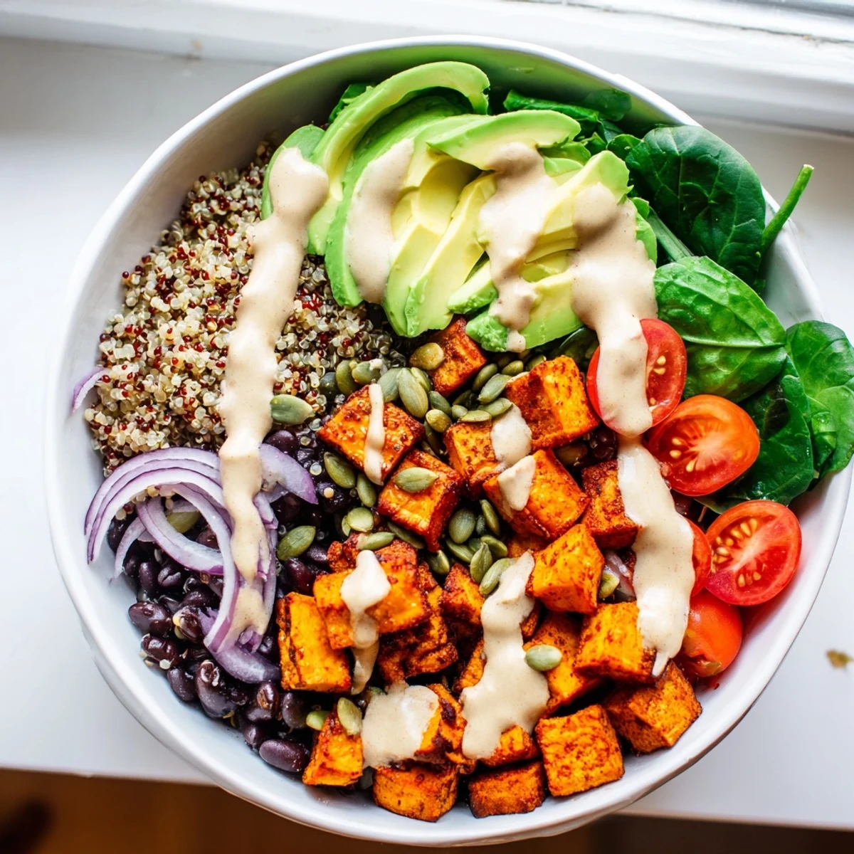 Roasted sweet potato bowl loaded with fresh avocado, black beans, and crisp vegetables
