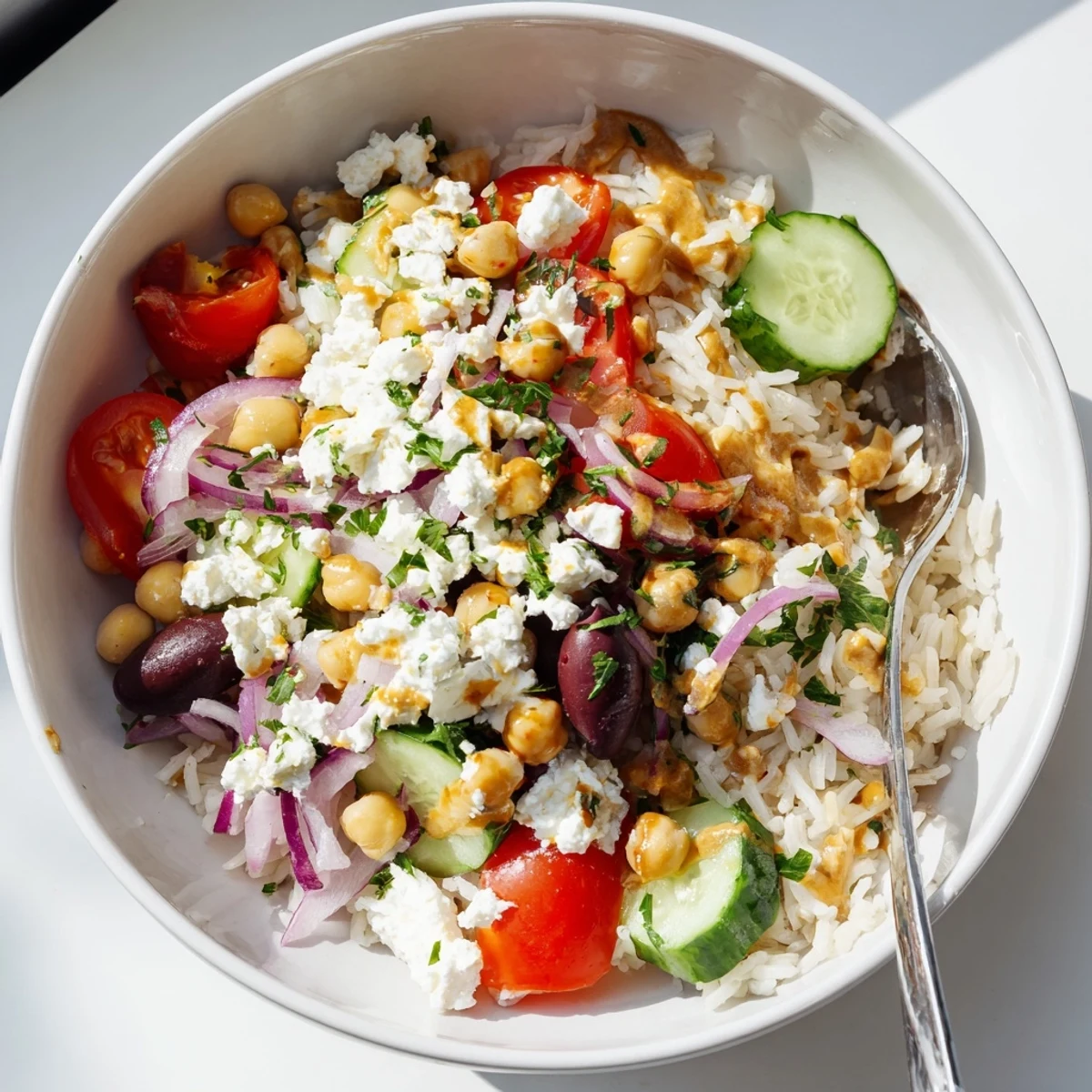Colorful Mediterranean Rice Bowl topped with crisp veggies, chickpeas, and creamy feta cheese