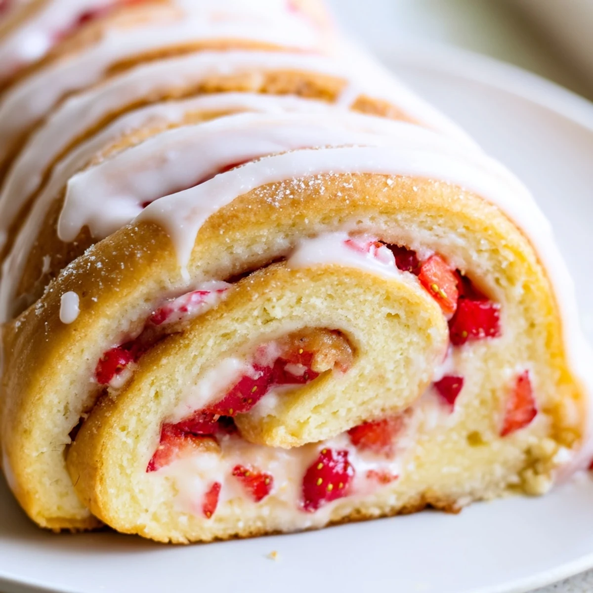 Golden strawberry cheesecake rolls drizzled with sweet vanilla glaze on a rustic baking pan