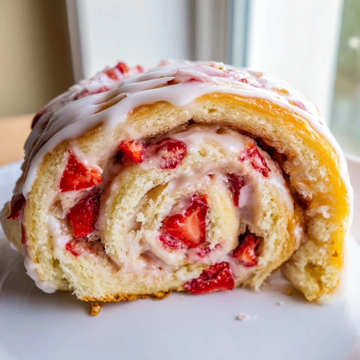 Warm strawberry cheesecake rolls topped with glossy powdered sugar glaze served fresh from the oven