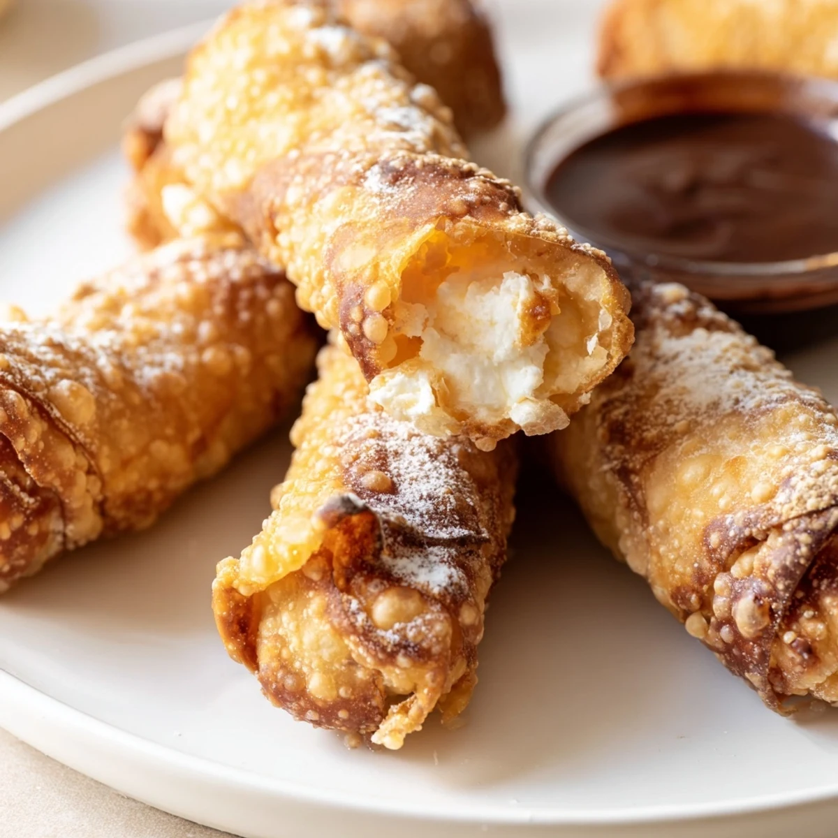 Crispy golden cheesecake egg rolls dusted with powdered sugar on a rustic plate