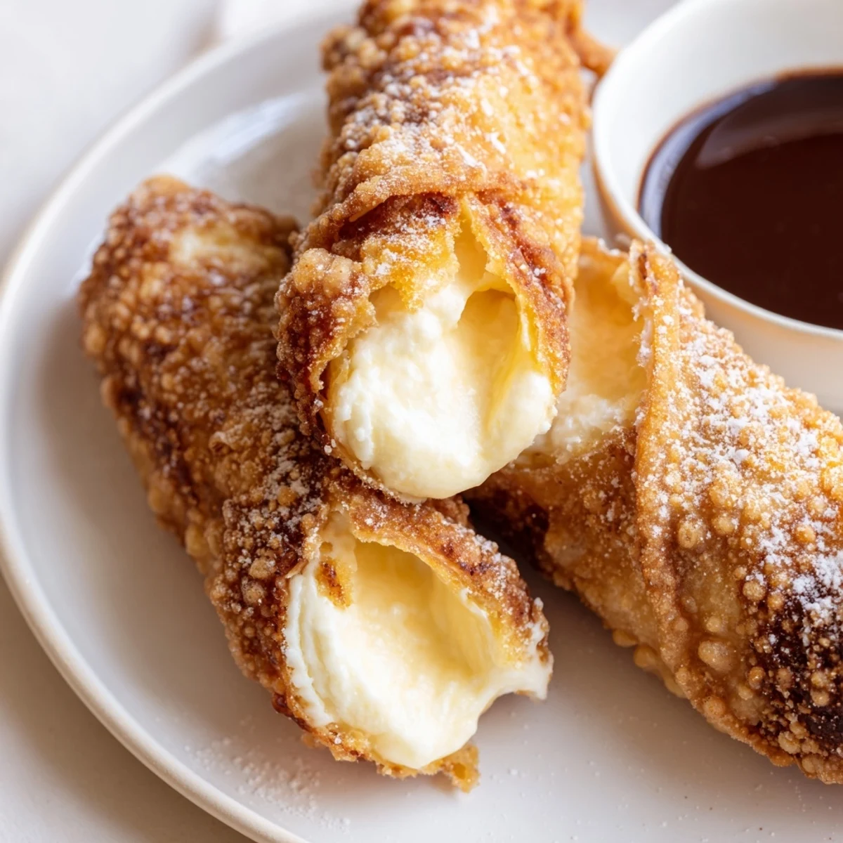 Perfectly fried cheesecake egg rolls arranged on a platter with fresh strawberry garnish