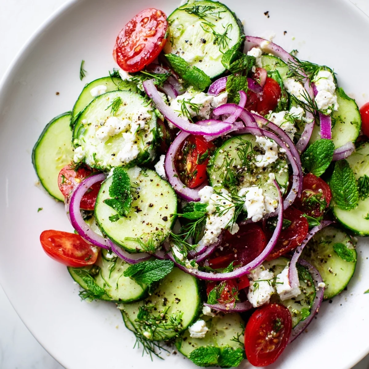 Creamy feta cucumber herb salad tossed with red onion and lemon vinaigrette