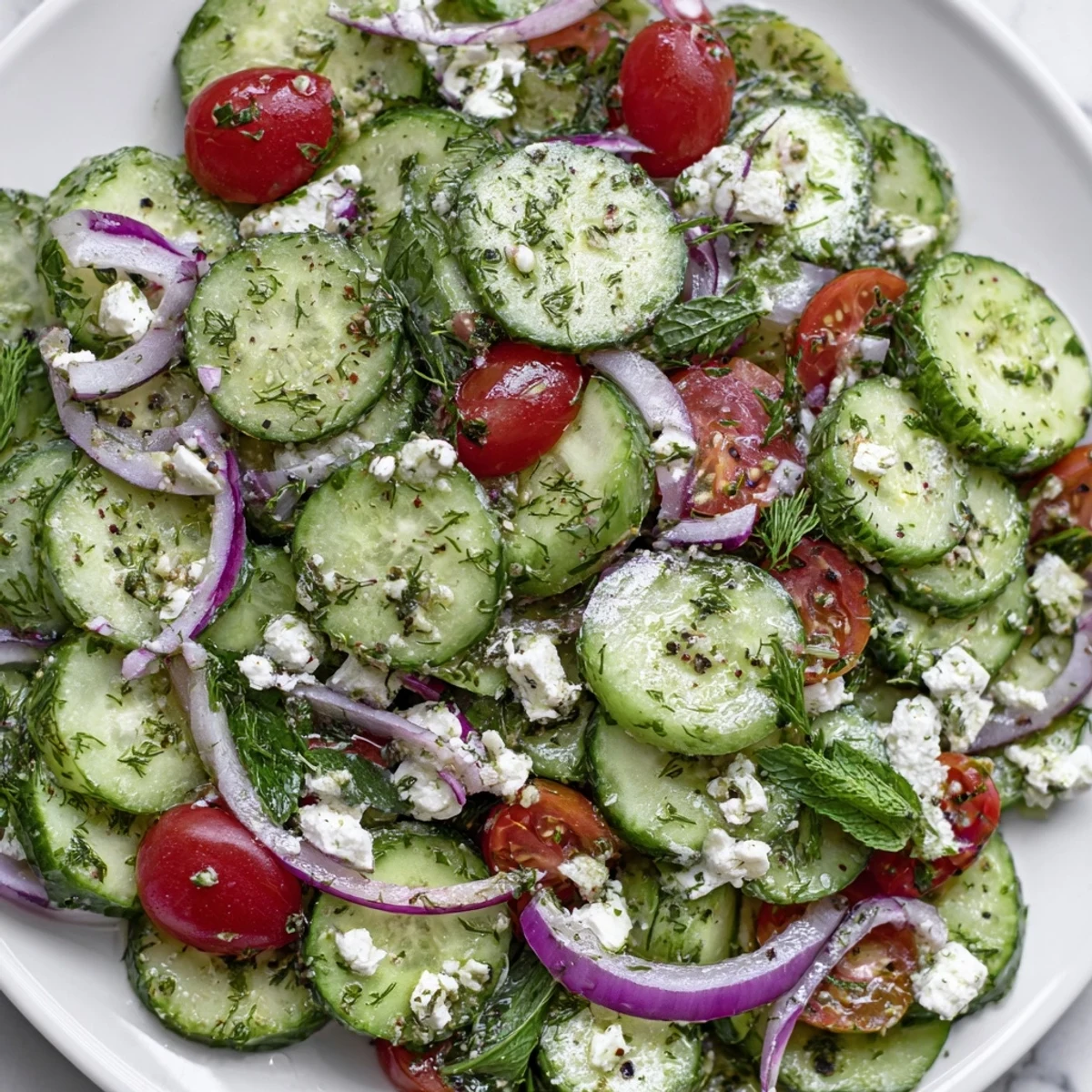Chilled cucumber rounds paired with crumbled feta, cherry tomatoes, and fragrant herbs
