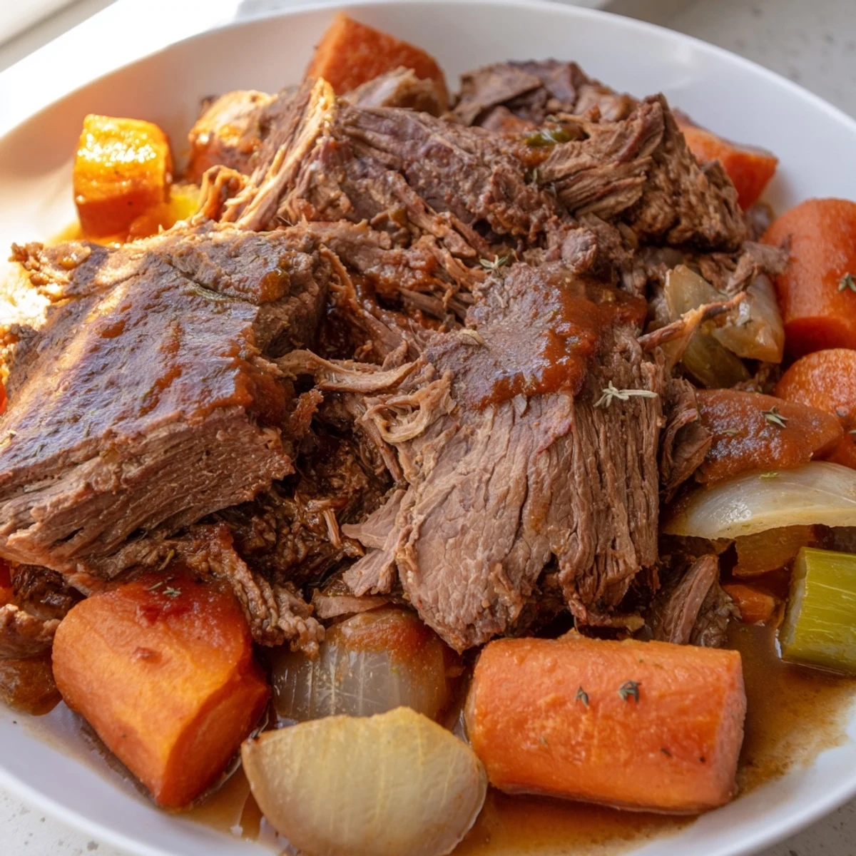 Perfect pot roast falling apart beside golden seared vegetables in a Dutch oven