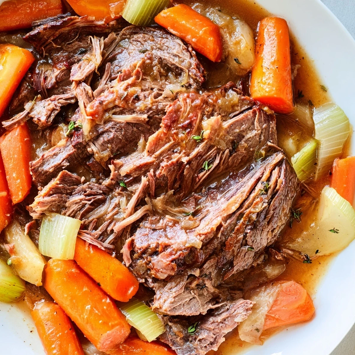 Perfect pot roast sliced thick and drizzled with savory herb-infused pan juices