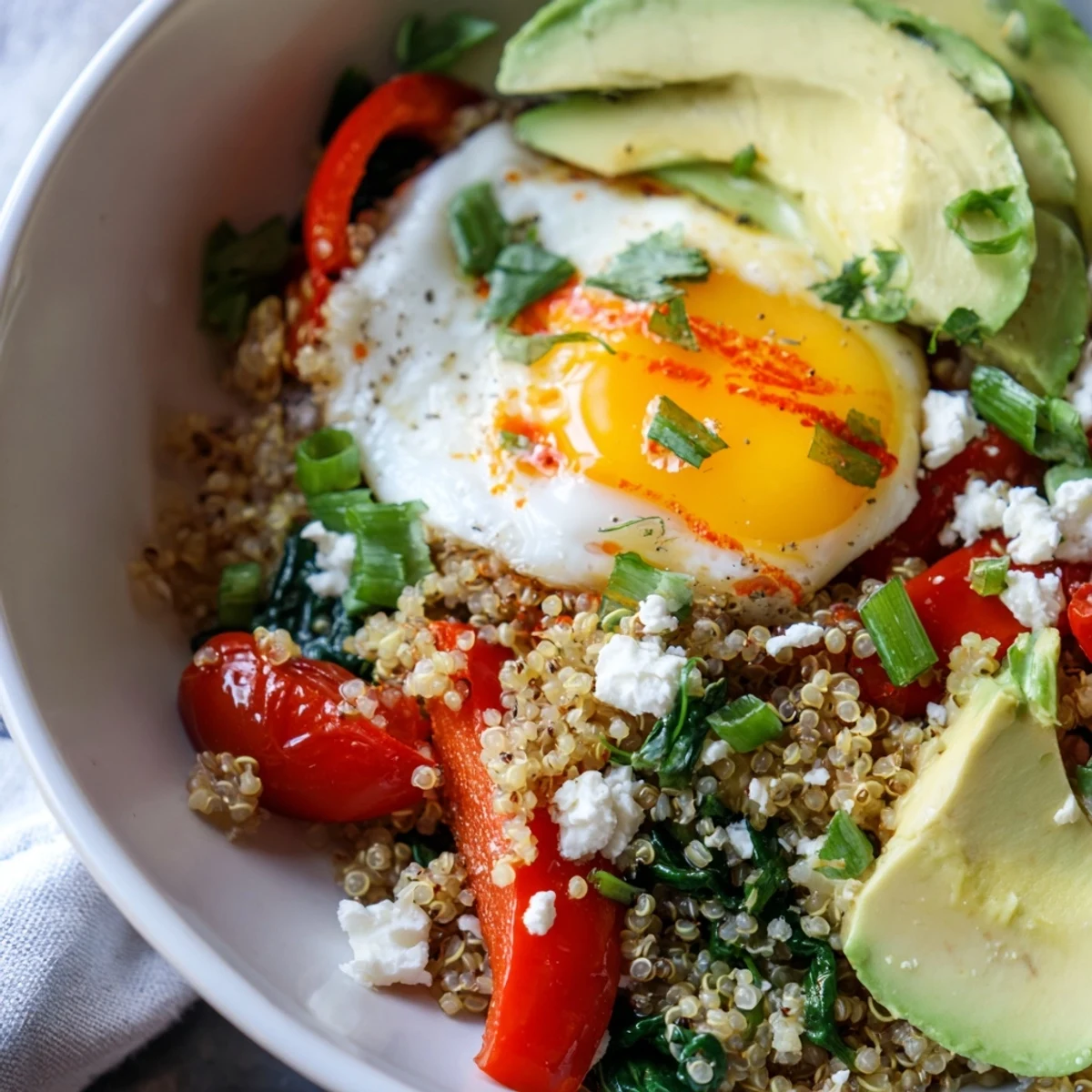 Fluffy savory quinoa breakfast bowl topped with a golden fried egg and vibrant sautéed vegetables