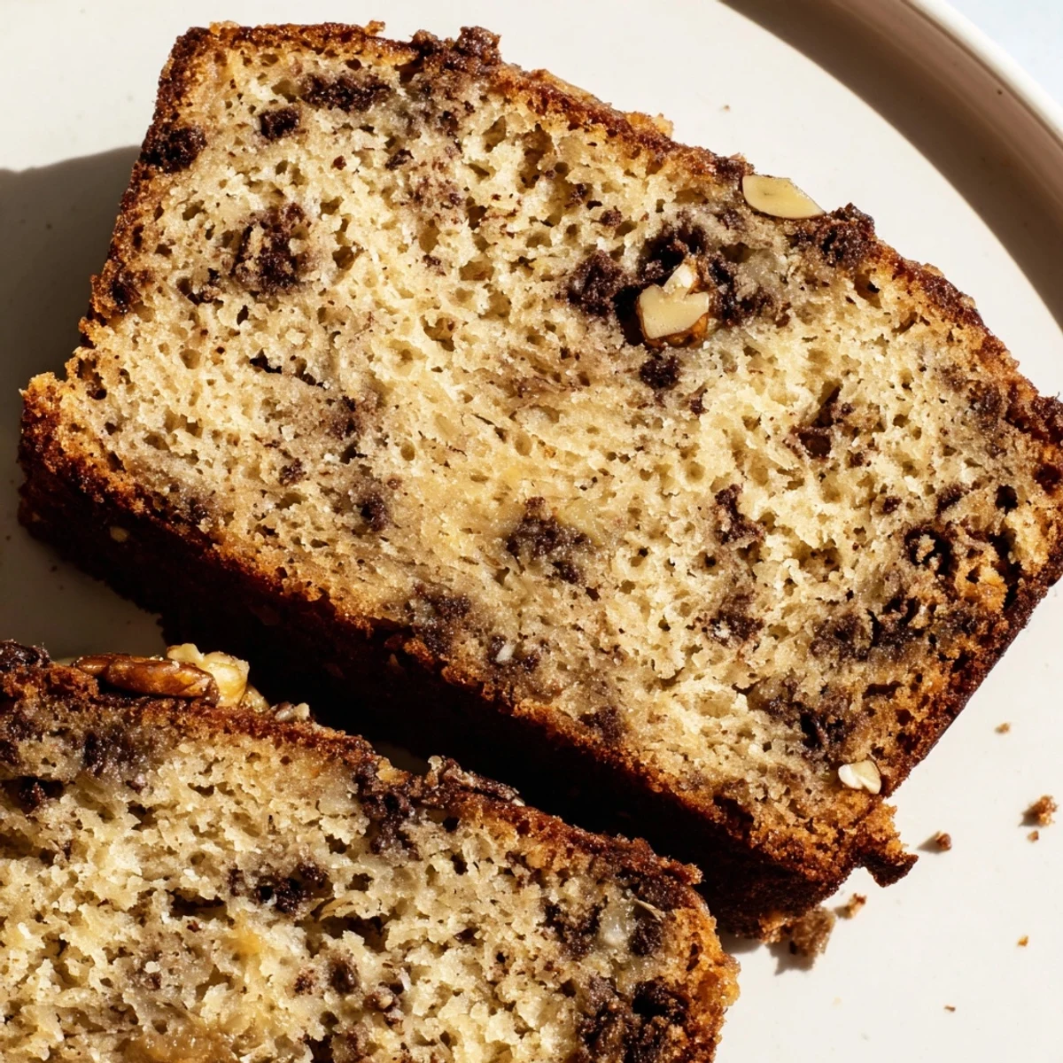 A golden slice of homemade banana cake topped with creamy vanilla frosting