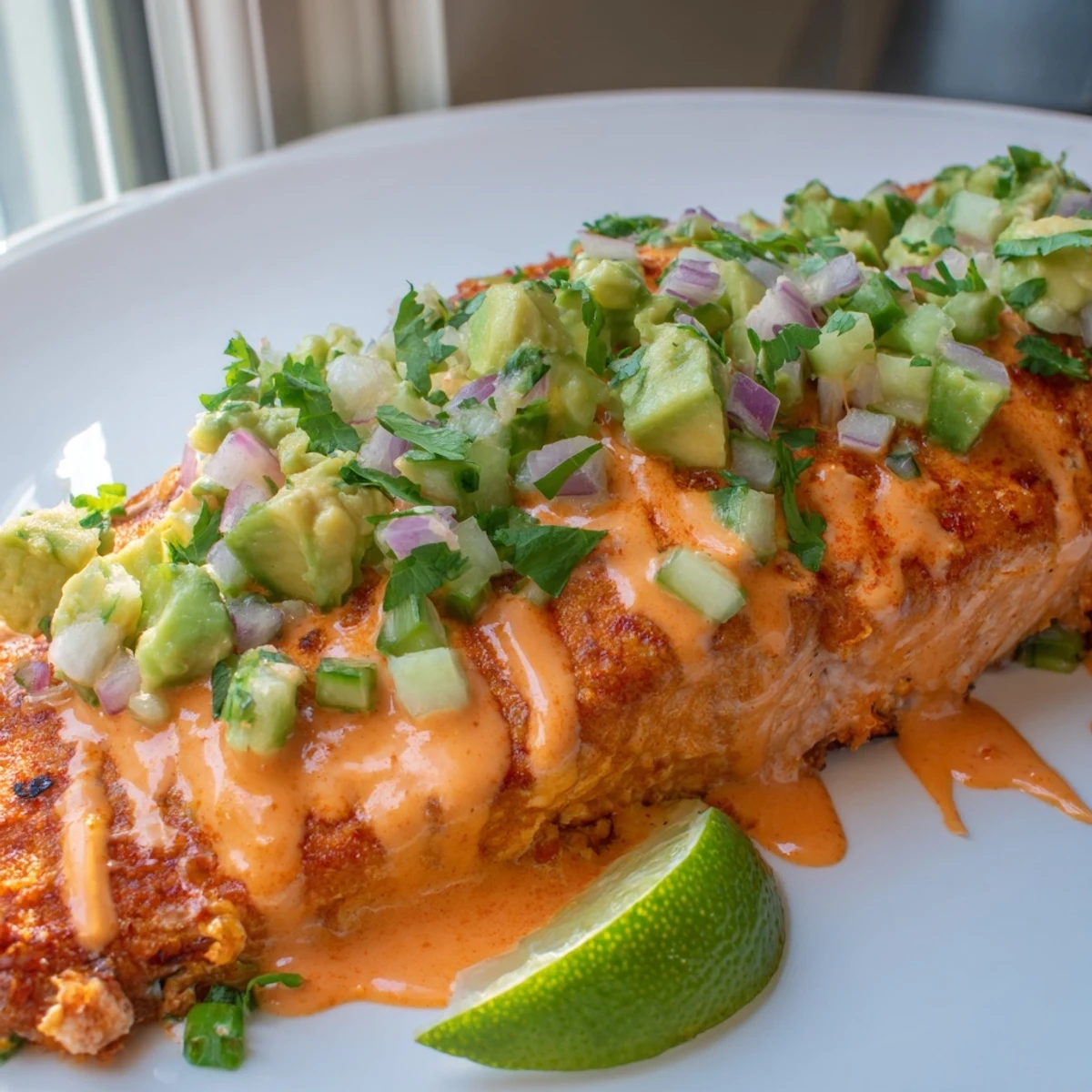Perfectly baked Bang Bang Salmon topped with cool avocado cucumber salsa on a white plate