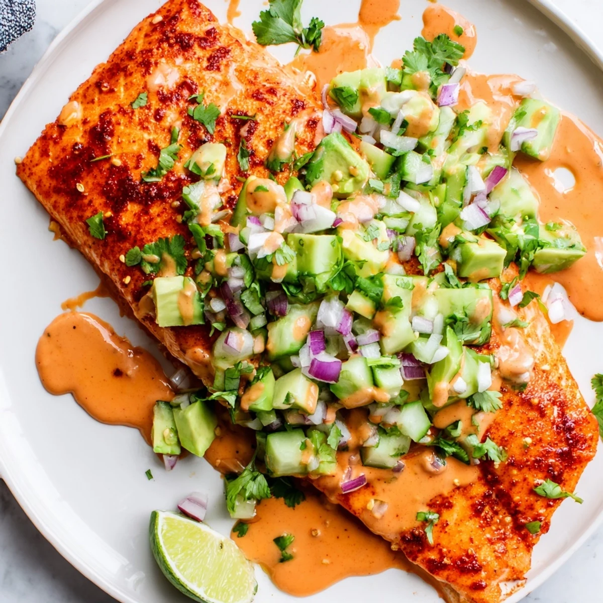 Spicy creamy bang bang sauce drizzled over tender salmon fillet with fresh avocado cucumber salsa