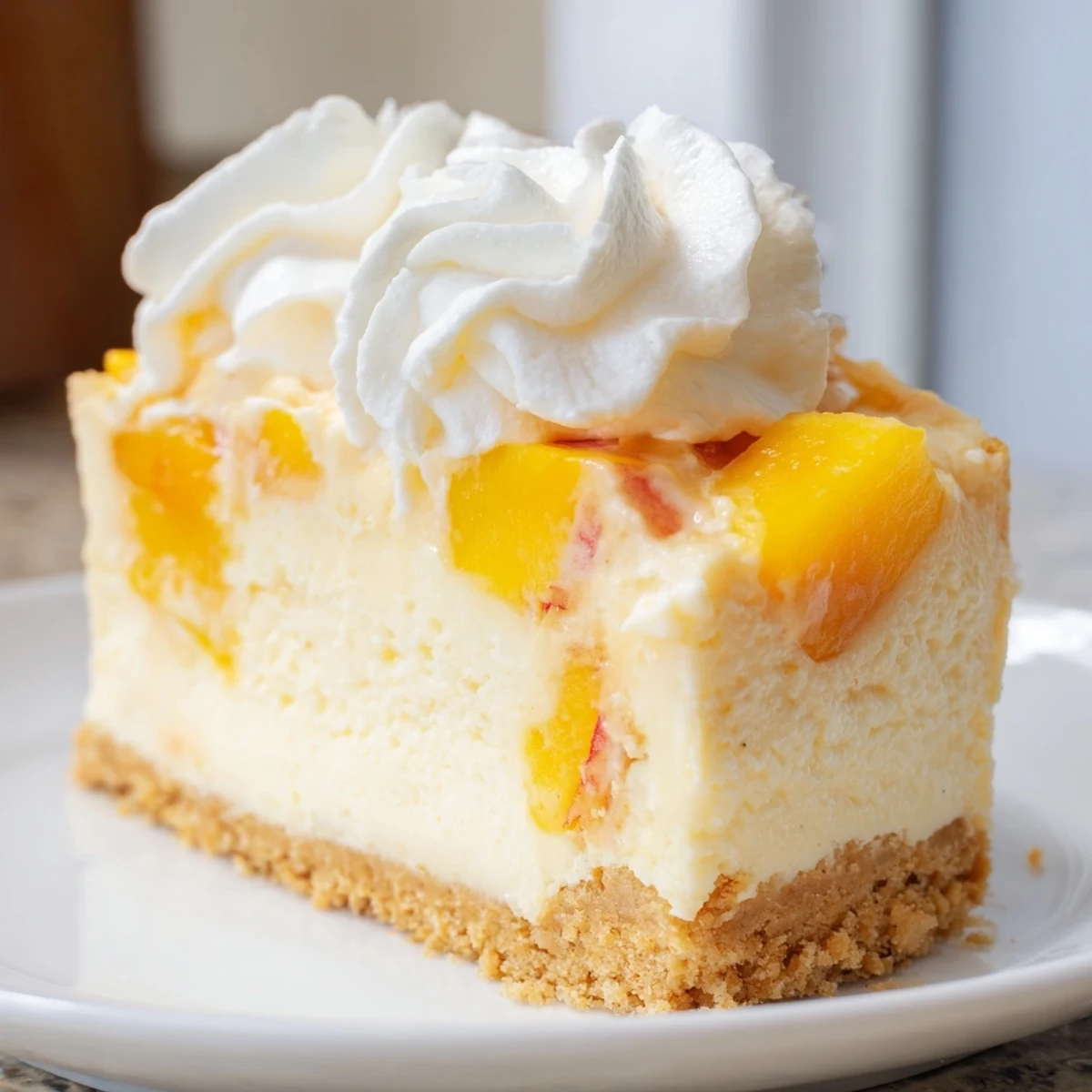 Peaches and Cream Cheesecake Bars sliced and topped with swirls of fresh whipped cream
