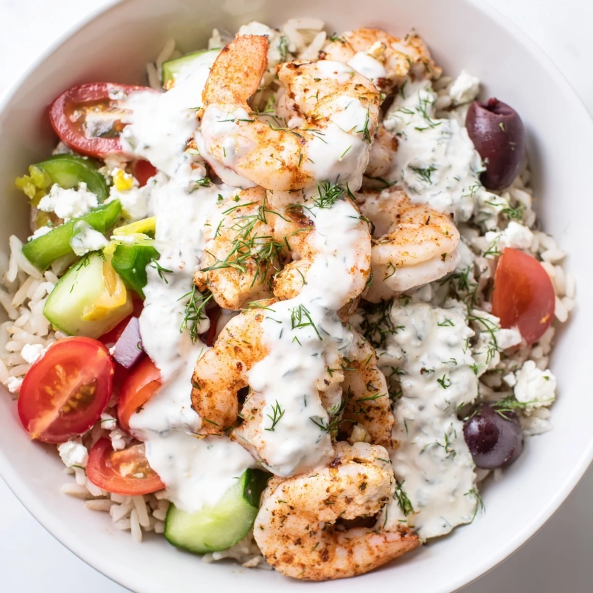 Golden seared shrimp nestled over fluffy lemon rice in a Greek Shrimp Mediterranean Bowl topped with vibrant vegetables and creamy tzatziki.