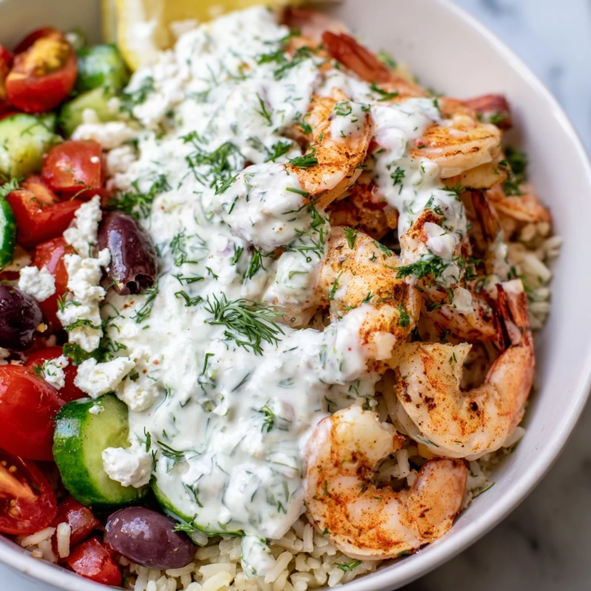 A colorful Greek Shrimp Mediterranean Bowl with juicy pink shrimp, crisp cucumbers, briny olives, and a generous drizzle of cool tzatziki sauce.