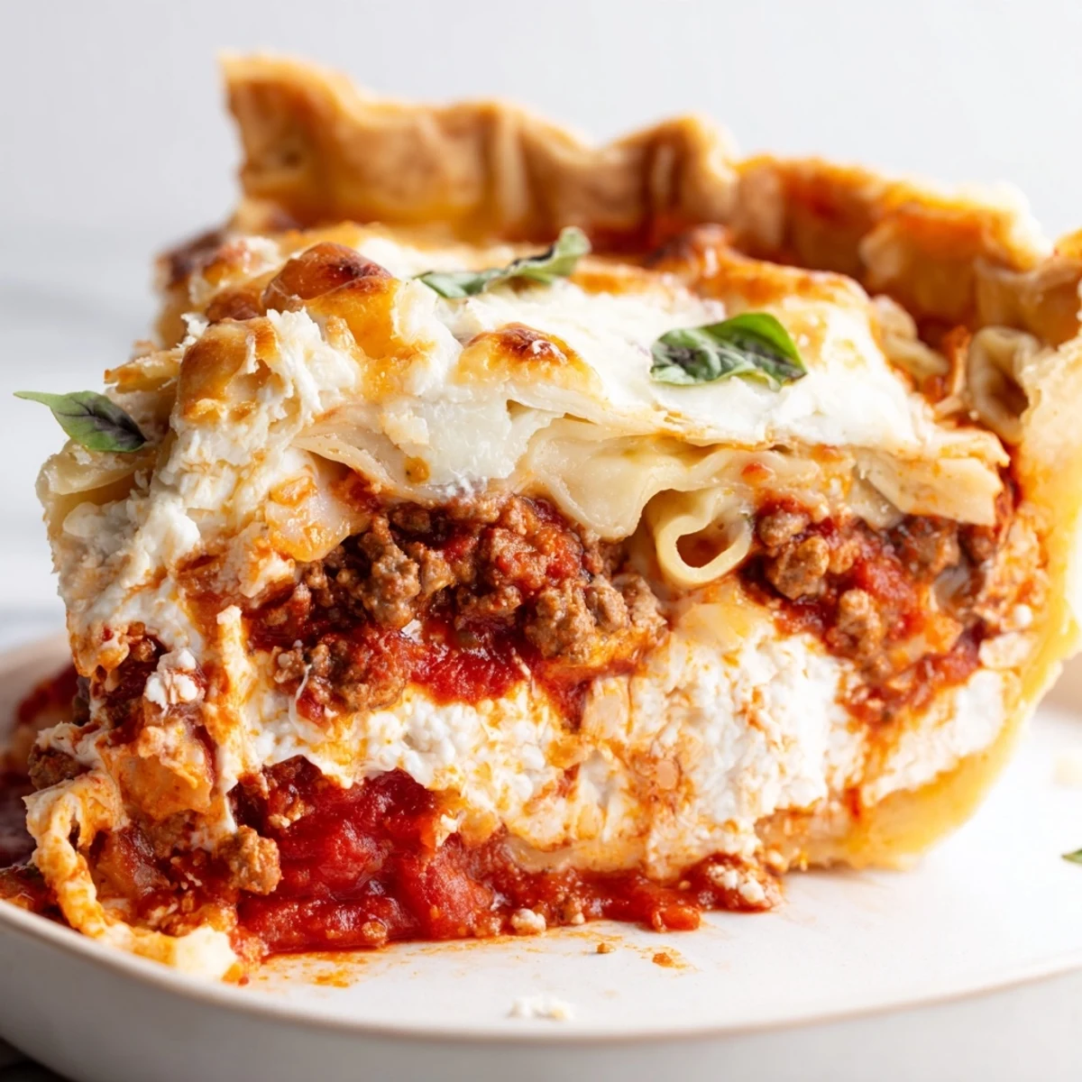 Golden bubbling cheesy lasagna pie with gooey layers fresh from the oven