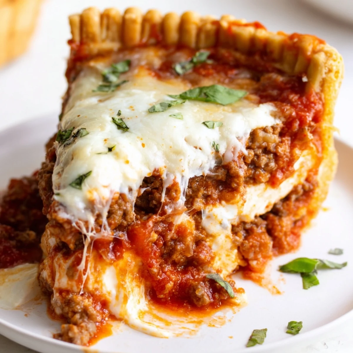 Cheesy lasagna pie sliced open revealing gooey layers of melted mozzarella
