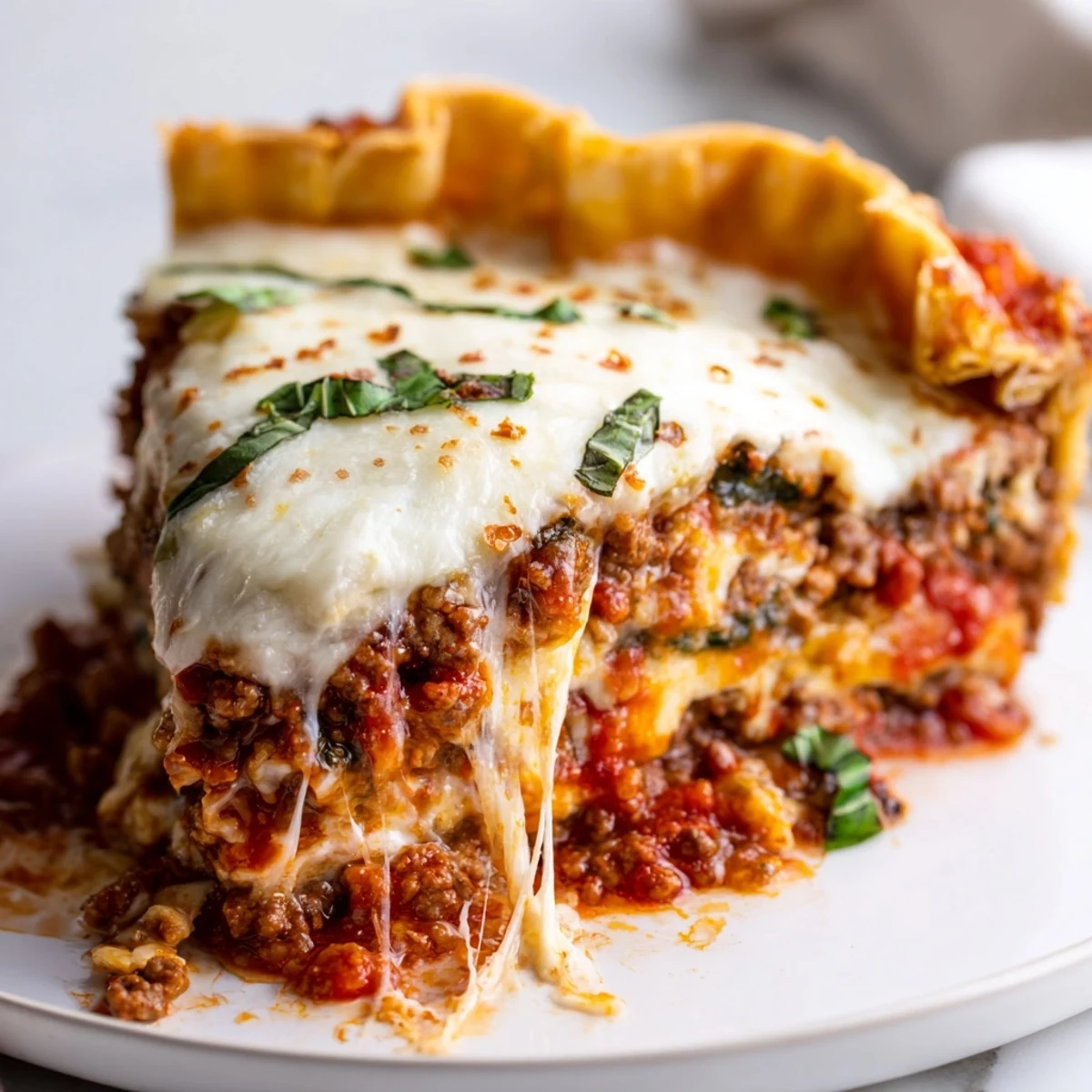 Steamy wedge of cheesy lasagna pie with gooey layers on a plate