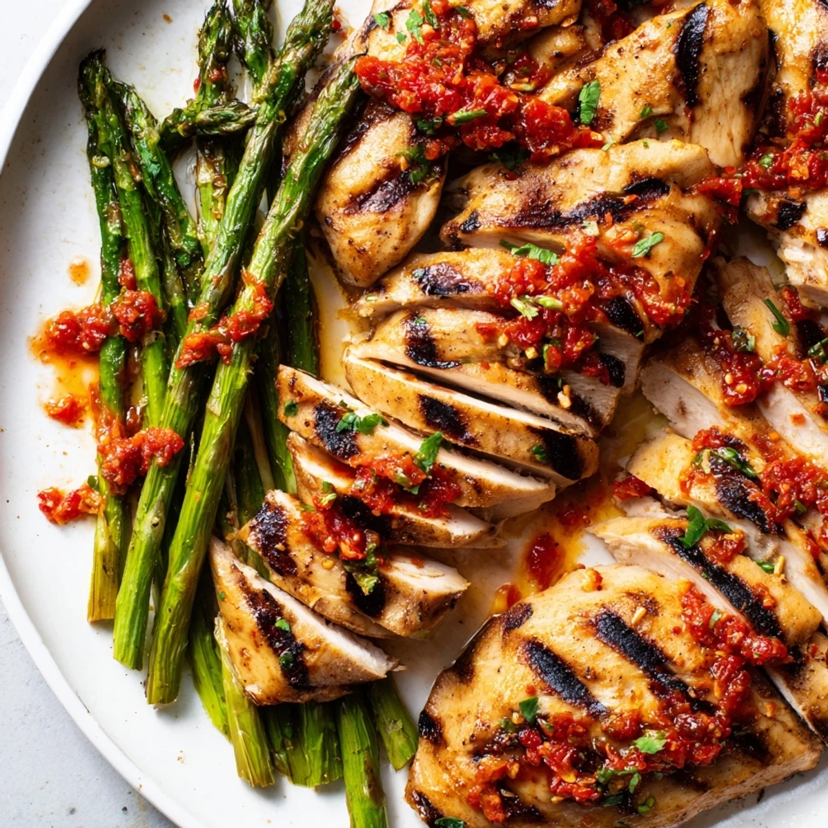 Juicy grilled asparagus chicken with Calabrian chili sauce drizzled on a rustic plate