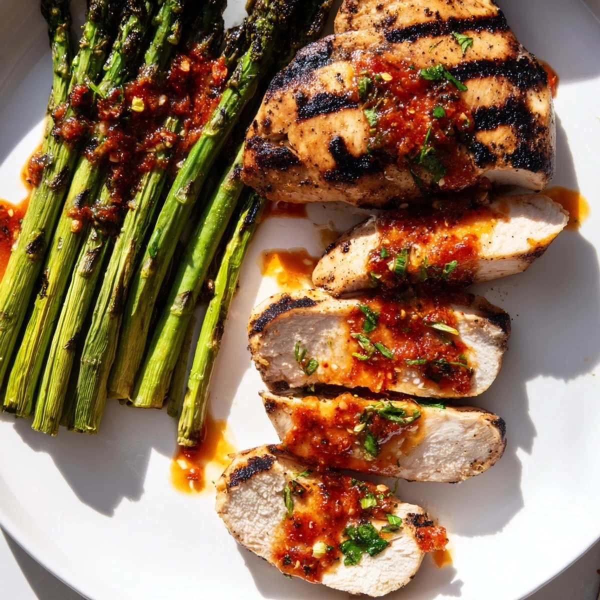 Smoky charred asparagus and grilled chicken topped with vibrant Calabrian chili sauce