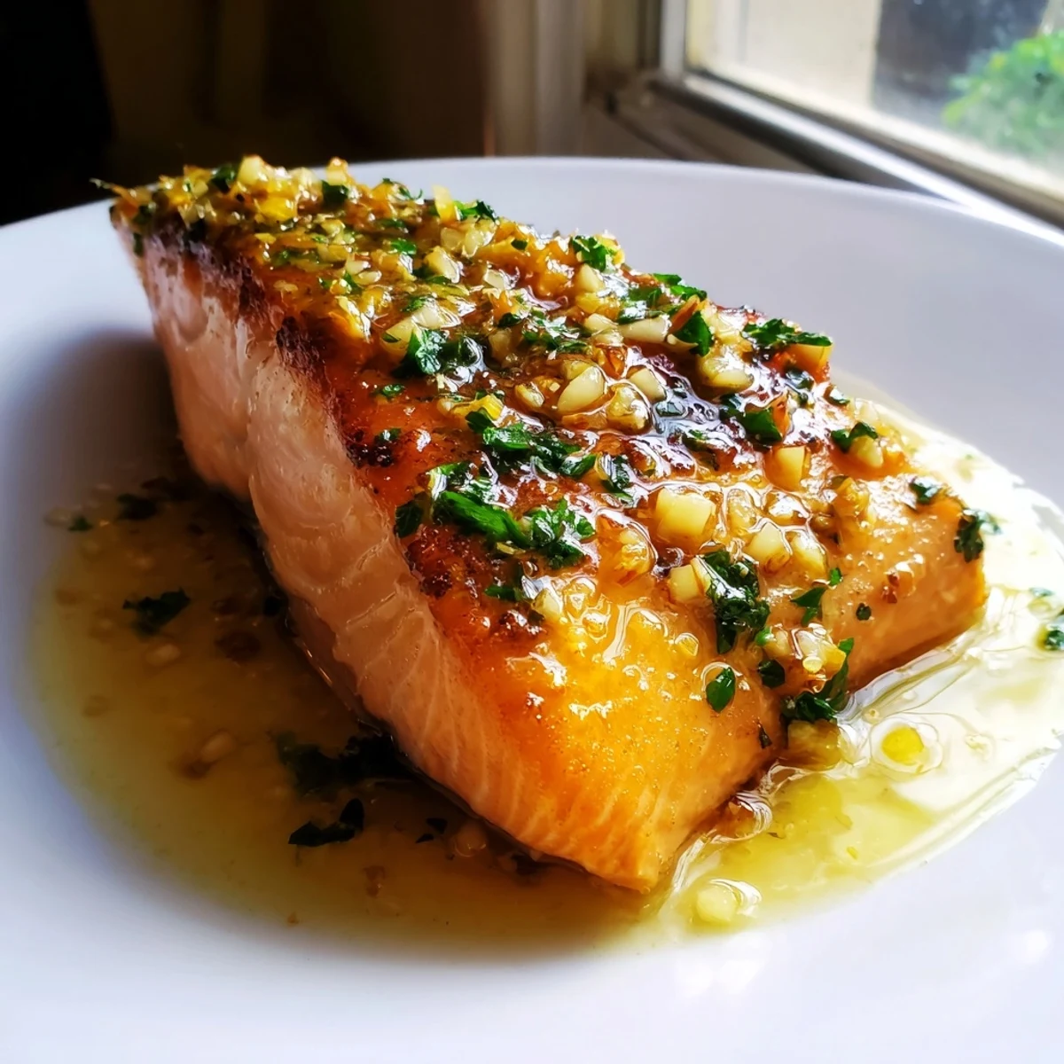 Golden pan-seared garlic butter salmon glistening with rich lemon herb sauce