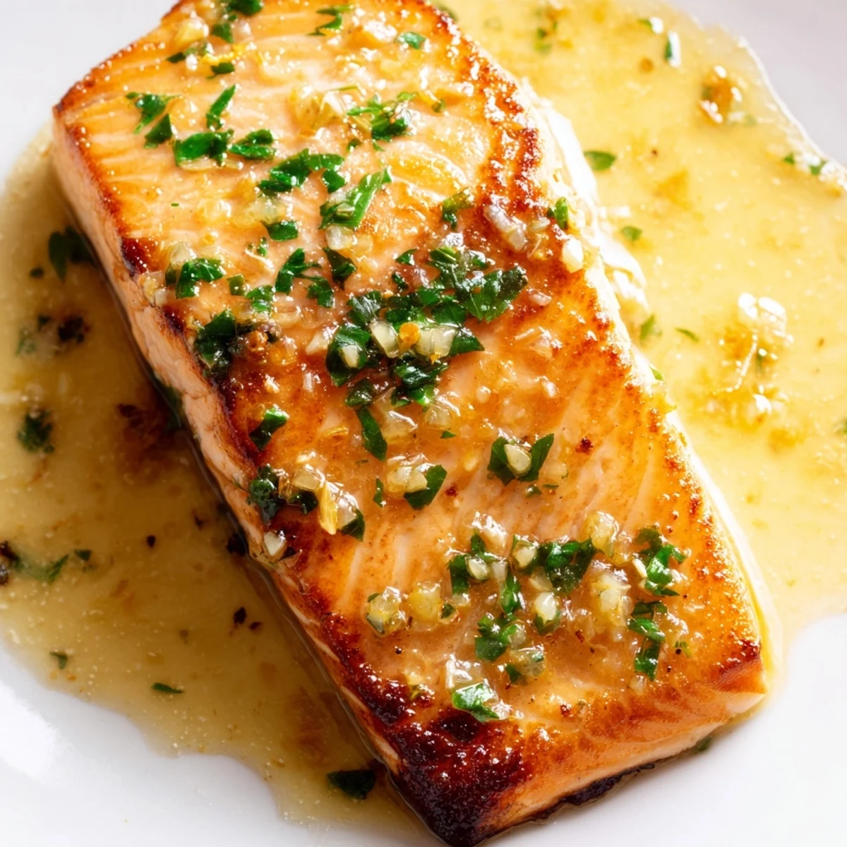 Sizzling garlic butter salmon fillet drizzled with bright parsley and lemon