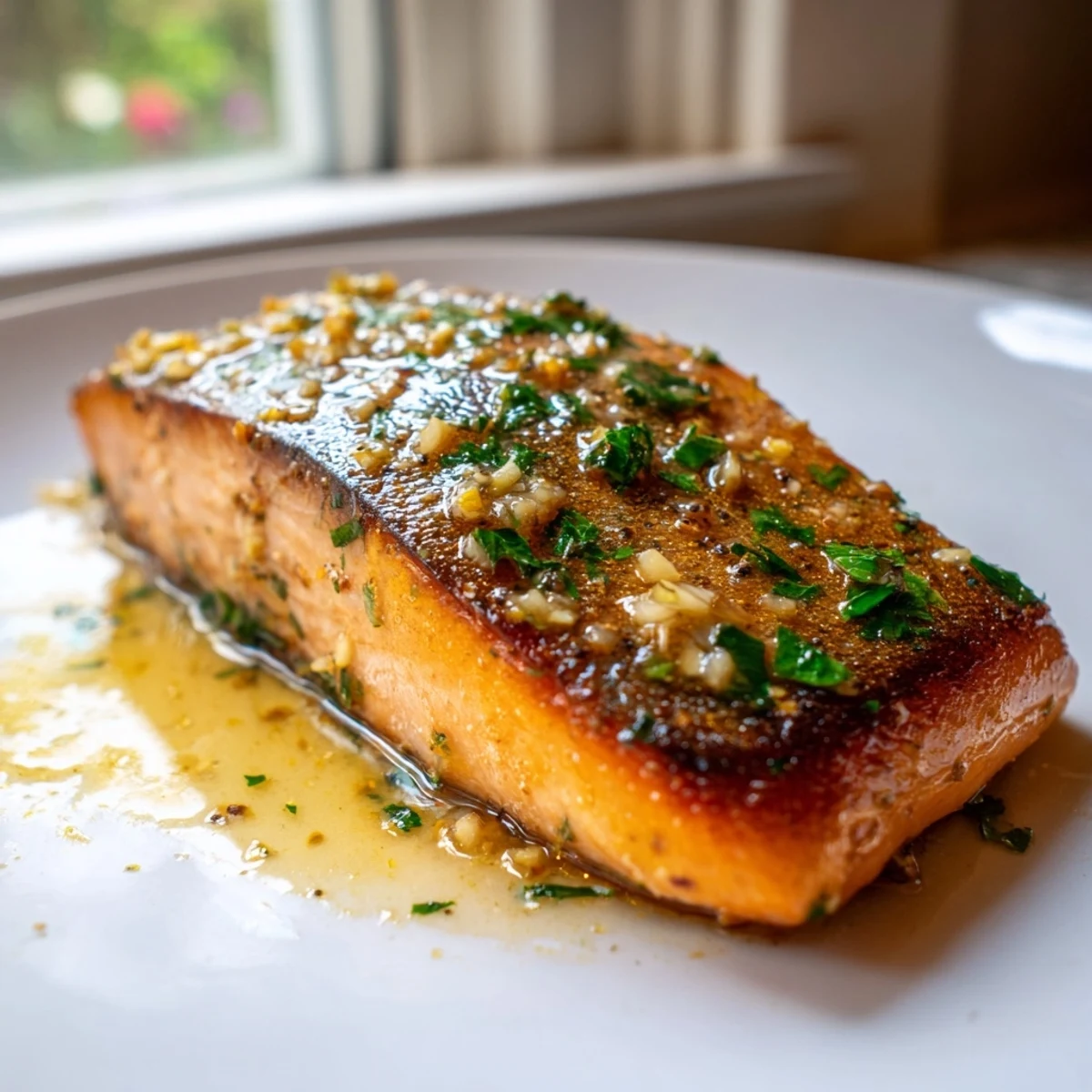 Tender garlic butter salmon topped with melted buttery garlic and fresh parsley