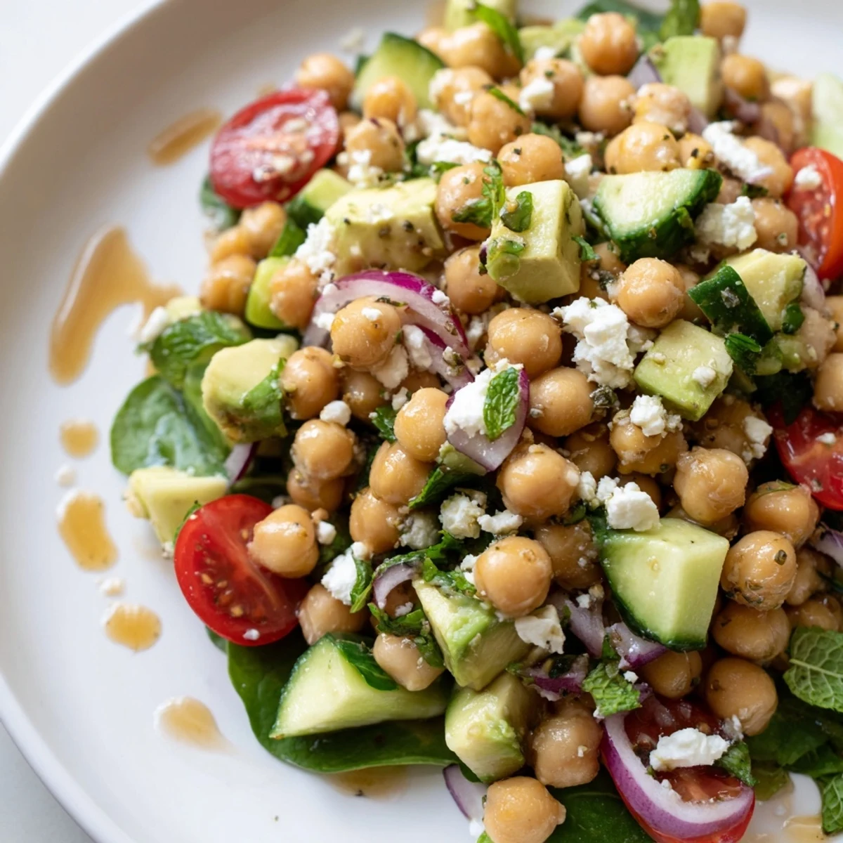 Creamy chickpea feta avocado salad in a rustic bowl with lemon dressing