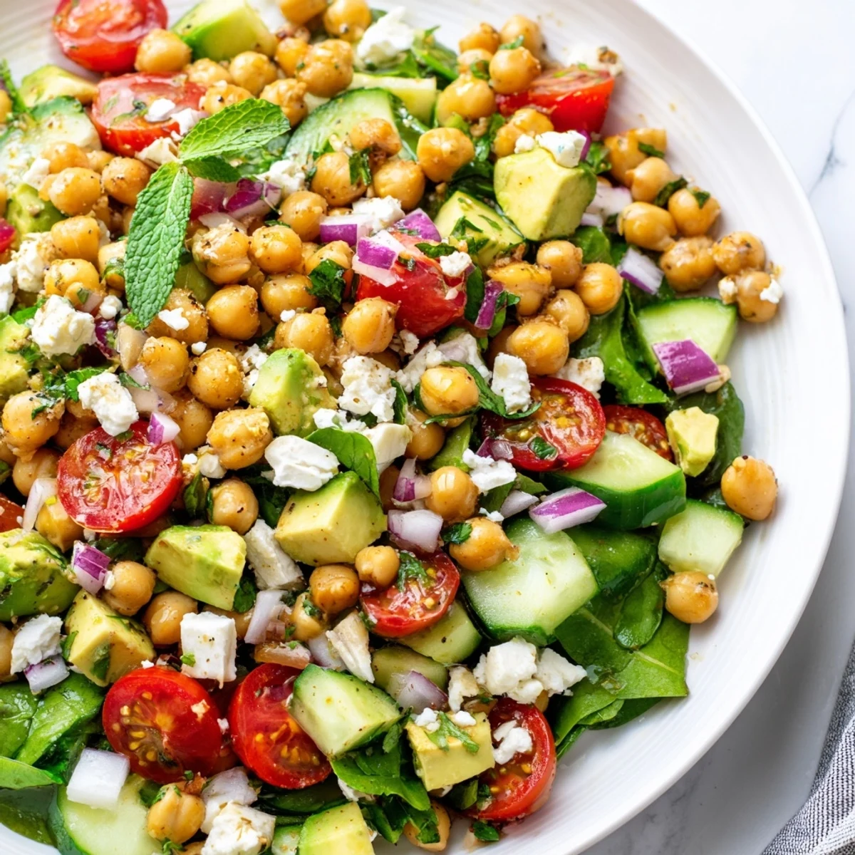 Hearty chickpea feta avocado salad served over greens with zesty vinaigrette