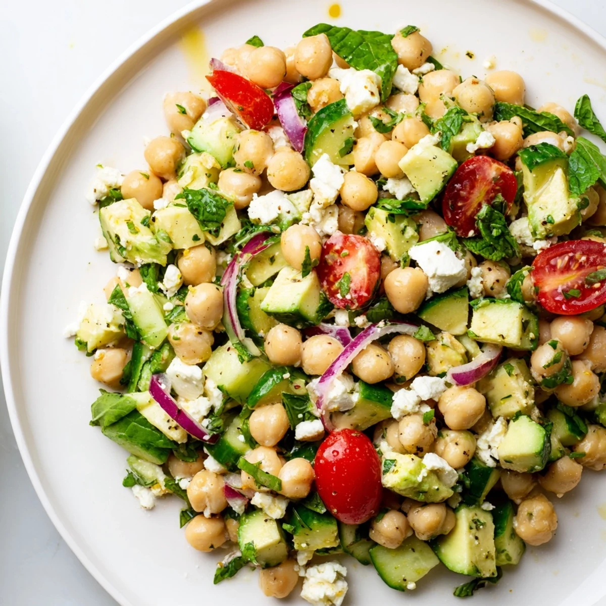 Vibrant chickpea feta avocado salad topped with fresh herbs and tomatoes