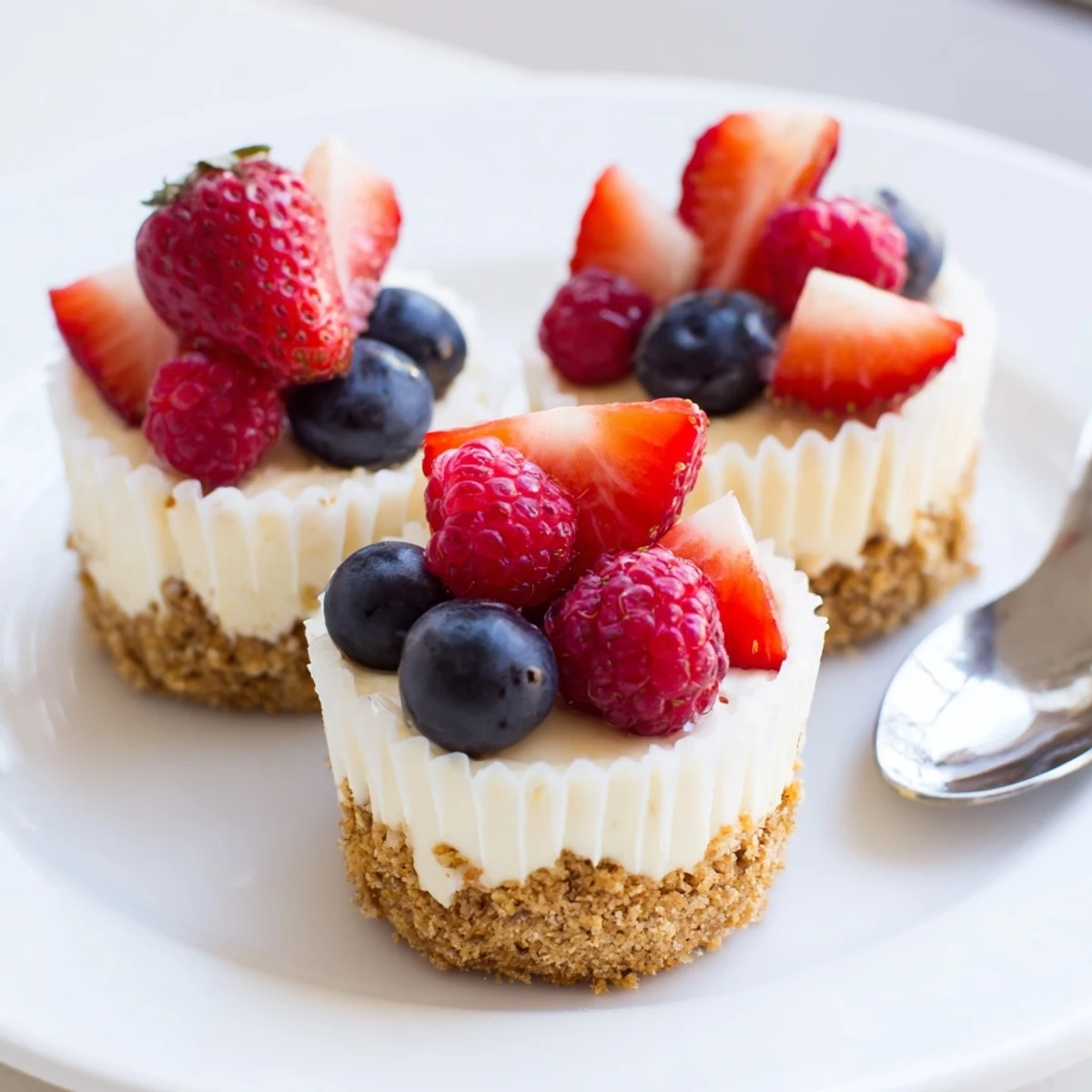 Creamy mini cheesecakes topped with fresh berries on a graham cracker crust