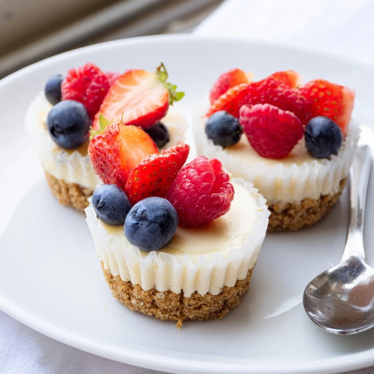 Golden graham crust mini cheesecakes drizzled with rich chocolate ganache sauce