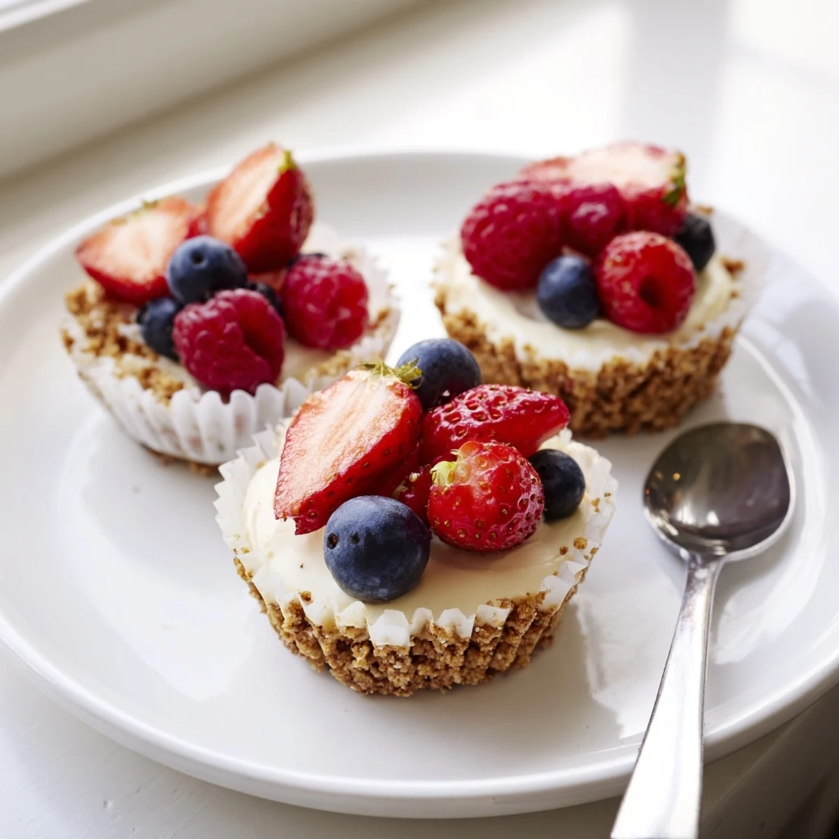 Individual mini cheesecakes with fluffy whipped cream and vibrant red strawberry topping