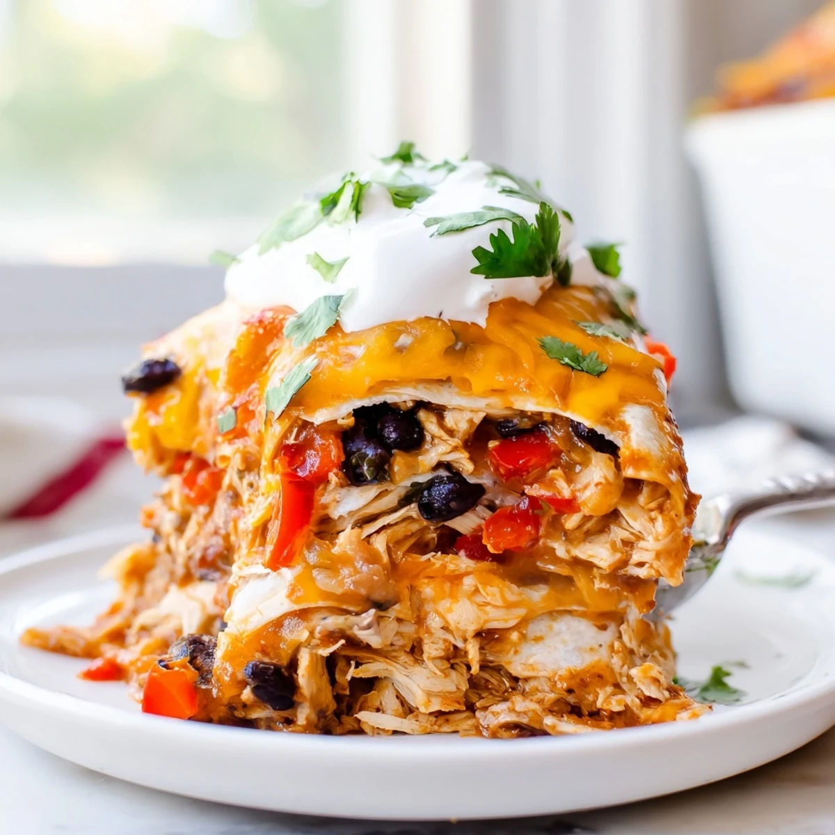 Golden bubbling chicken burrito casserole with melted cheddar and fresh cilantro garnish