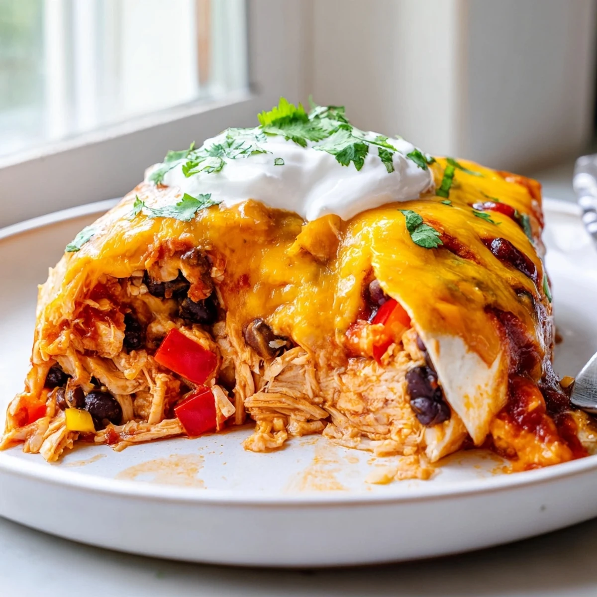 Creamy chicken burrito casserole layered with beans, rice, and golden melted cheese