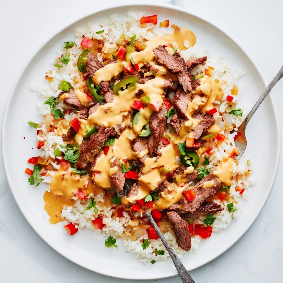 Creamy steak queso rice served in a skillet with melted cheese drizzle